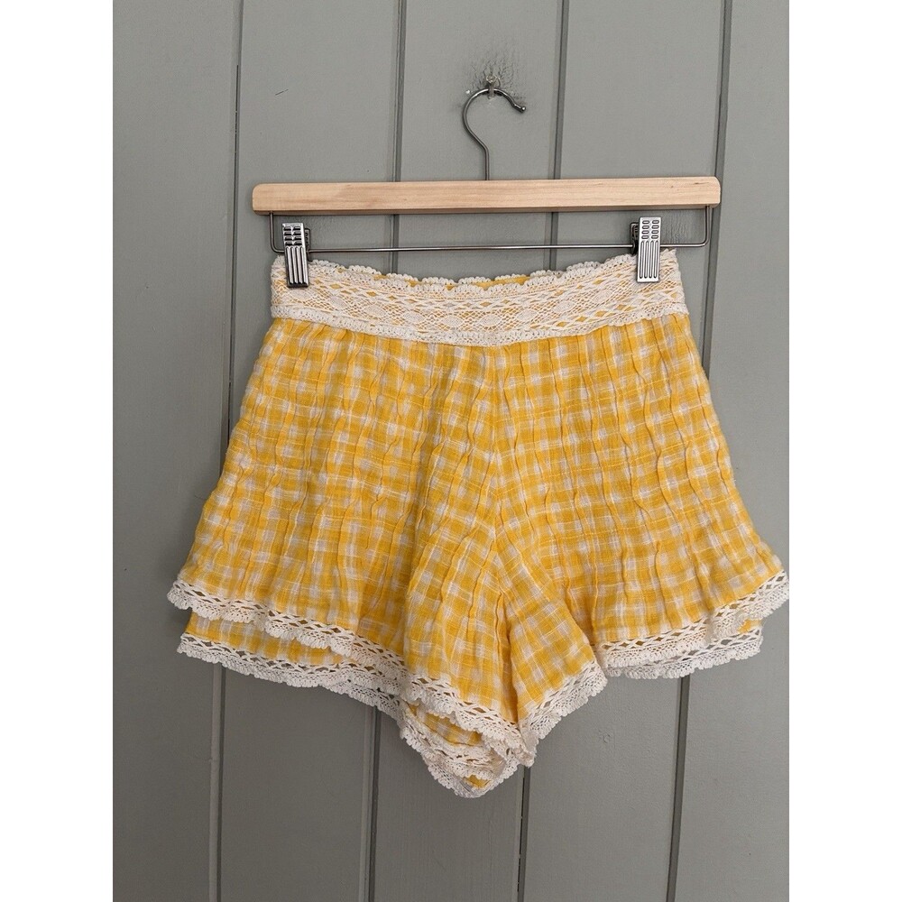 Free People Tessa Gingham Check Shorts Size 0 Yellow White Crochet Trim Boho